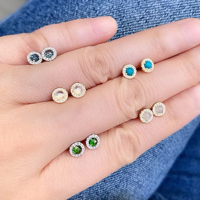 Rosie 3.0mm Rainbow Moonstone & Diamond Post Earrings
