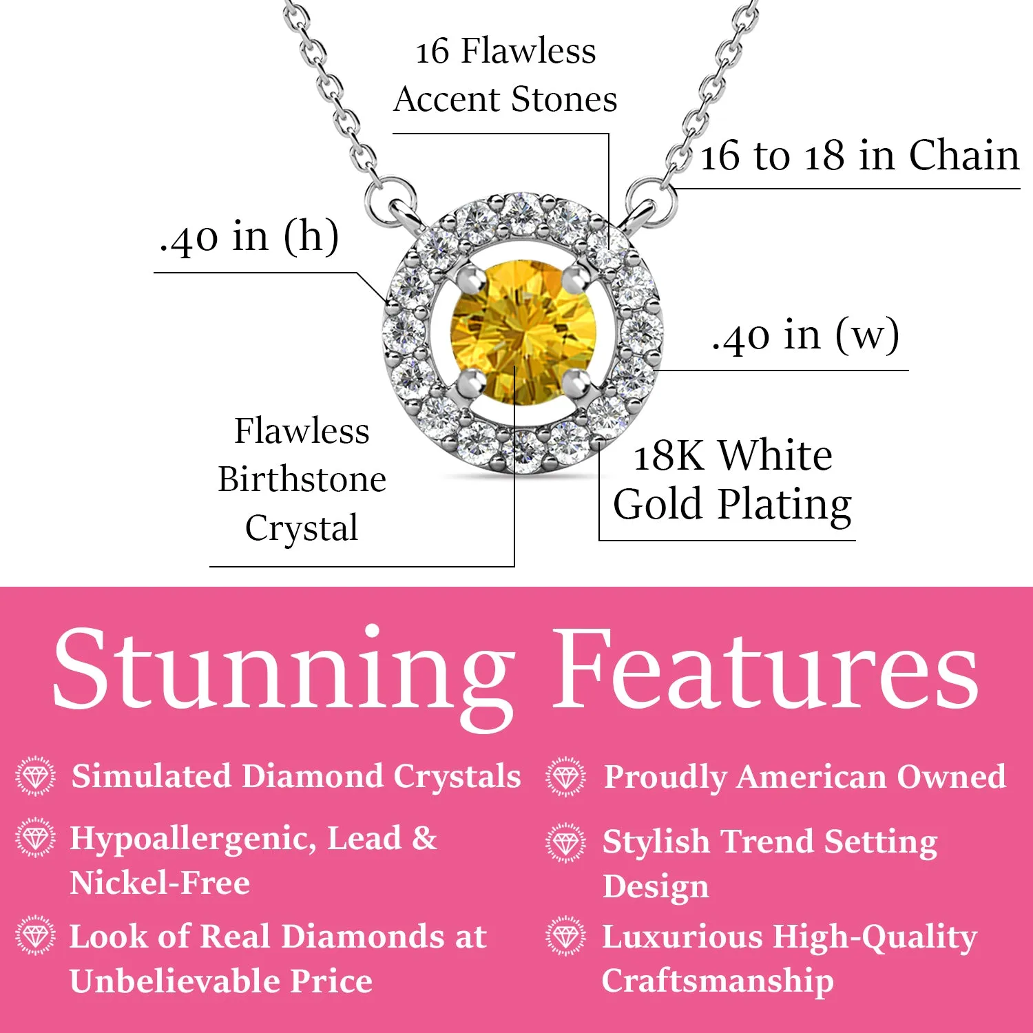 Royal November Birthstone Citrine Necklace, 18k White Gold Plated Silver Halo Necklace with Round Cut Crystal
