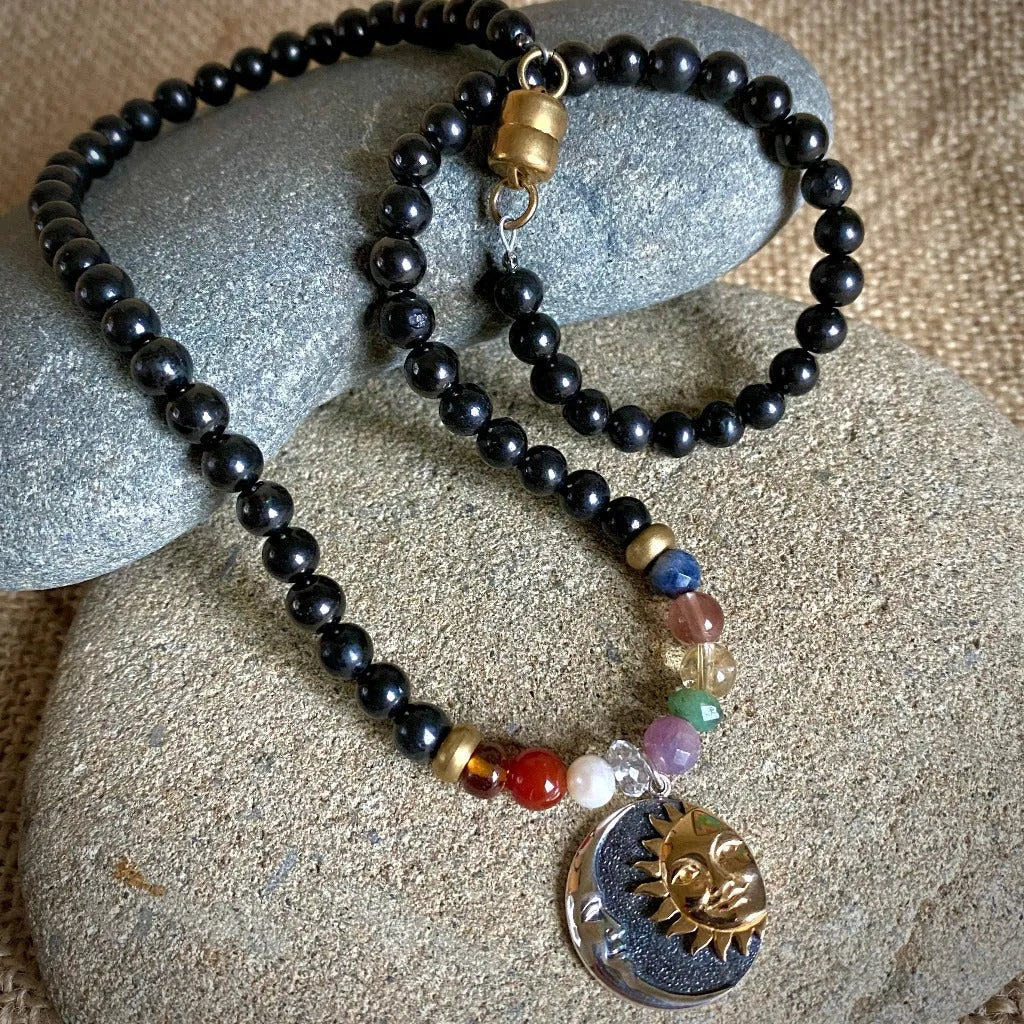 Shungite Navaratna Necklace, 9 Astrological Gemstones for Health, Wealth & Happiness, Sun & Moon Pendant