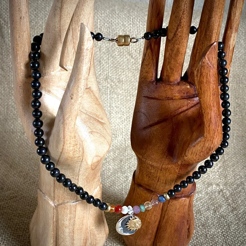Shungite Navaratna Necklace, 9 Astrological Gemstones for Health, Wealth & Happiness, Sun & Moon Pendant