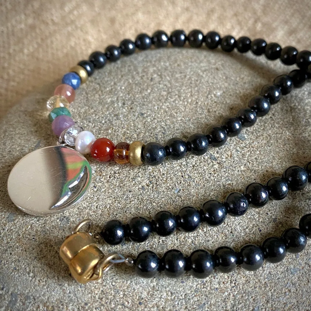 Shungite Navaratna Necklace, 9 Astrological Gemstones for Health, Wealth & Happiness, Sun & Moon Pendant