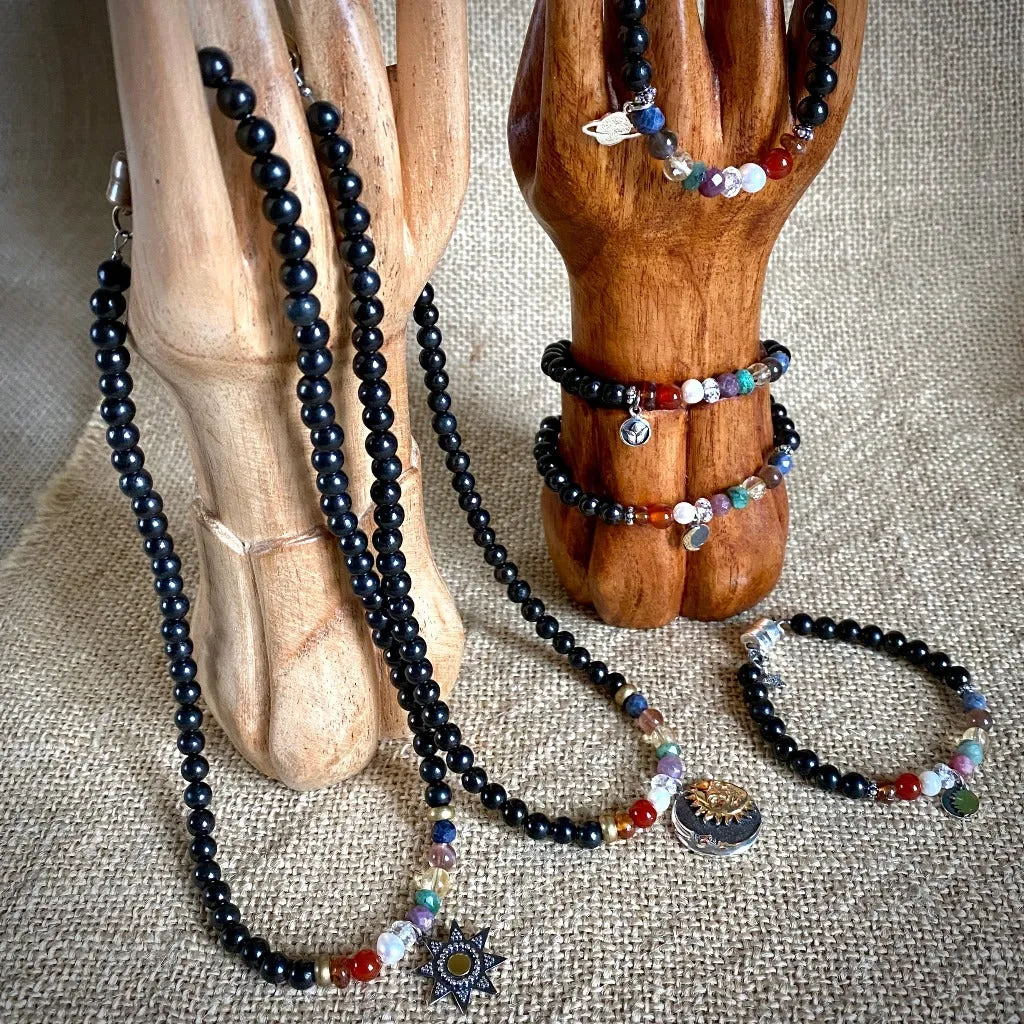 Shungite Navaratna Necklace, 9 Astrological Gemstones for Health, Wealth & Happiness, Sun & Moon Pendant