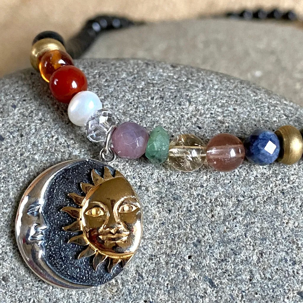 Shungite Navaratna Necklace, 9 Astrological Gemstones for Health, Wealth & Happiness, Sun & Moon Pendant