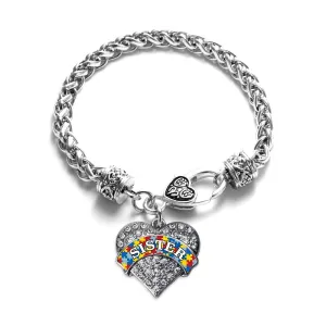 Silver Autism Sister Pave Heart Charm Braided Bracelet