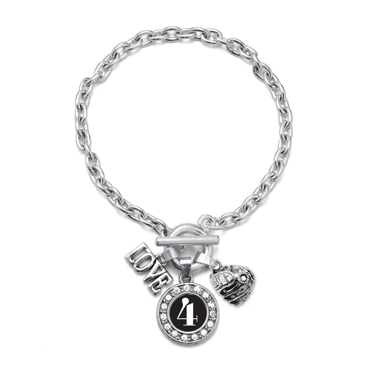 Silver Baseball Glove - Sports Number 4 Circle Charm Toggle Bracelet