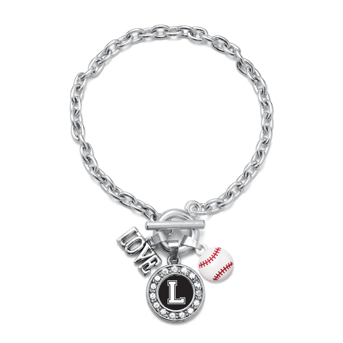 Silver Baseball - Sports Initial L Circle Charm Toggle Bracelet