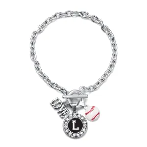Silver Baseball - Sports Initial L Circle Charm Toggle Bracelet