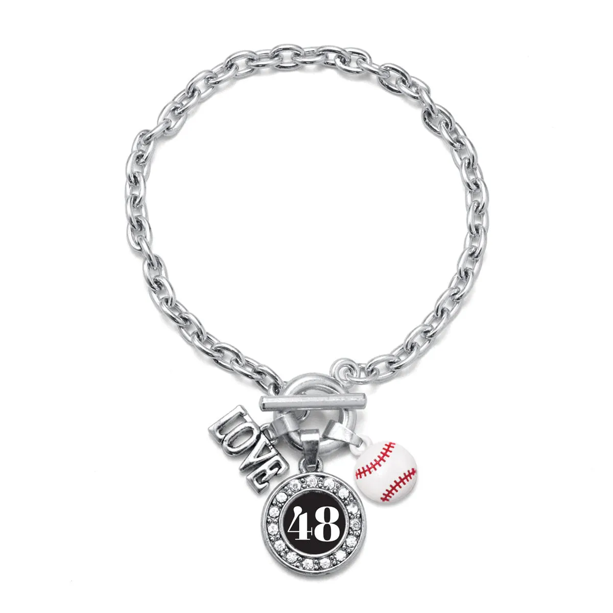 Silver Baseball - Sports Number 48 Circle Charm Toggle Bracelet