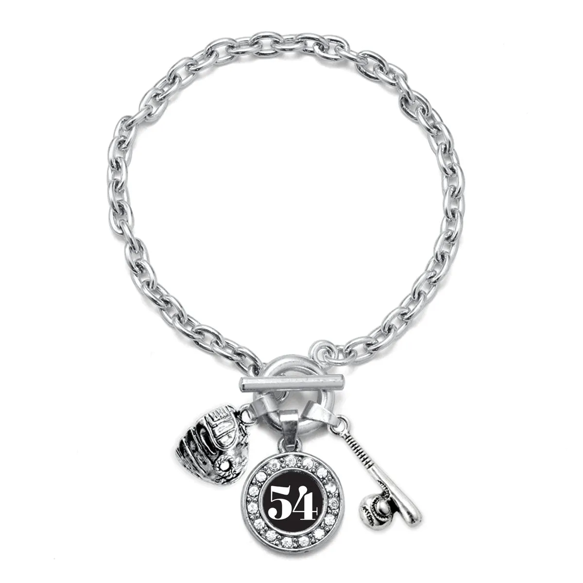 Silver Baseball/Softball - Sports Number 54 Circle Charm Toggle Bracelet