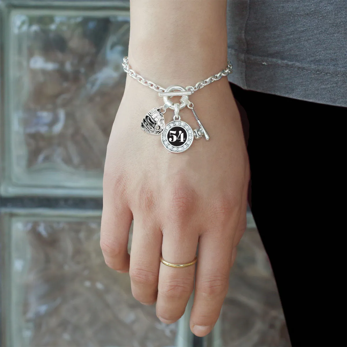 Silver Baseball/Softball - Sports Number 54 Circle Charm Toggle Bracelet