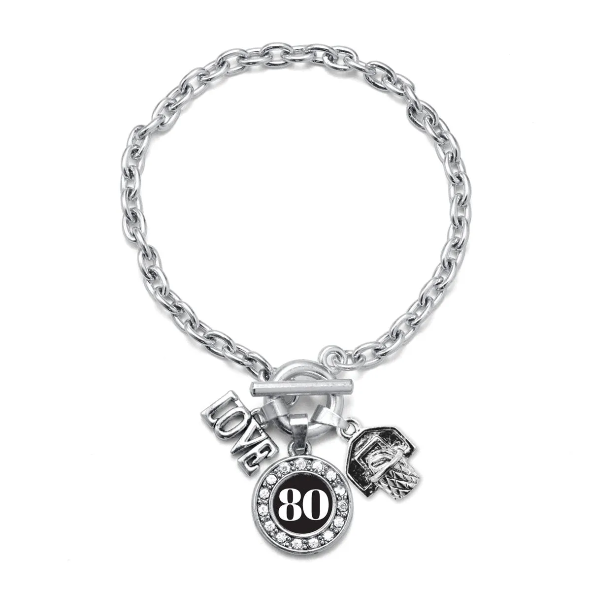 Silver Basketball Hoop - Sports Number 80 Circle Charm Toggle Bracelet