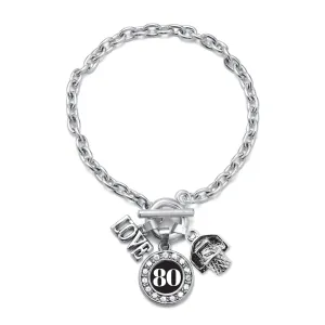 Silver Basketball Hoop - Sports Number 80 Circle Charm Toggle Bracelet