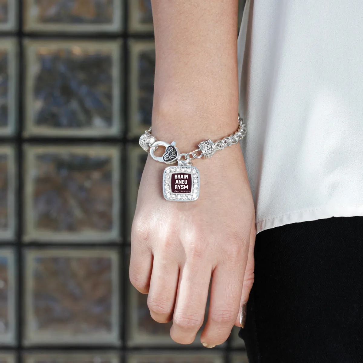 Silver Brain Aneurysm Awareness Square Charm Braided Bracelet