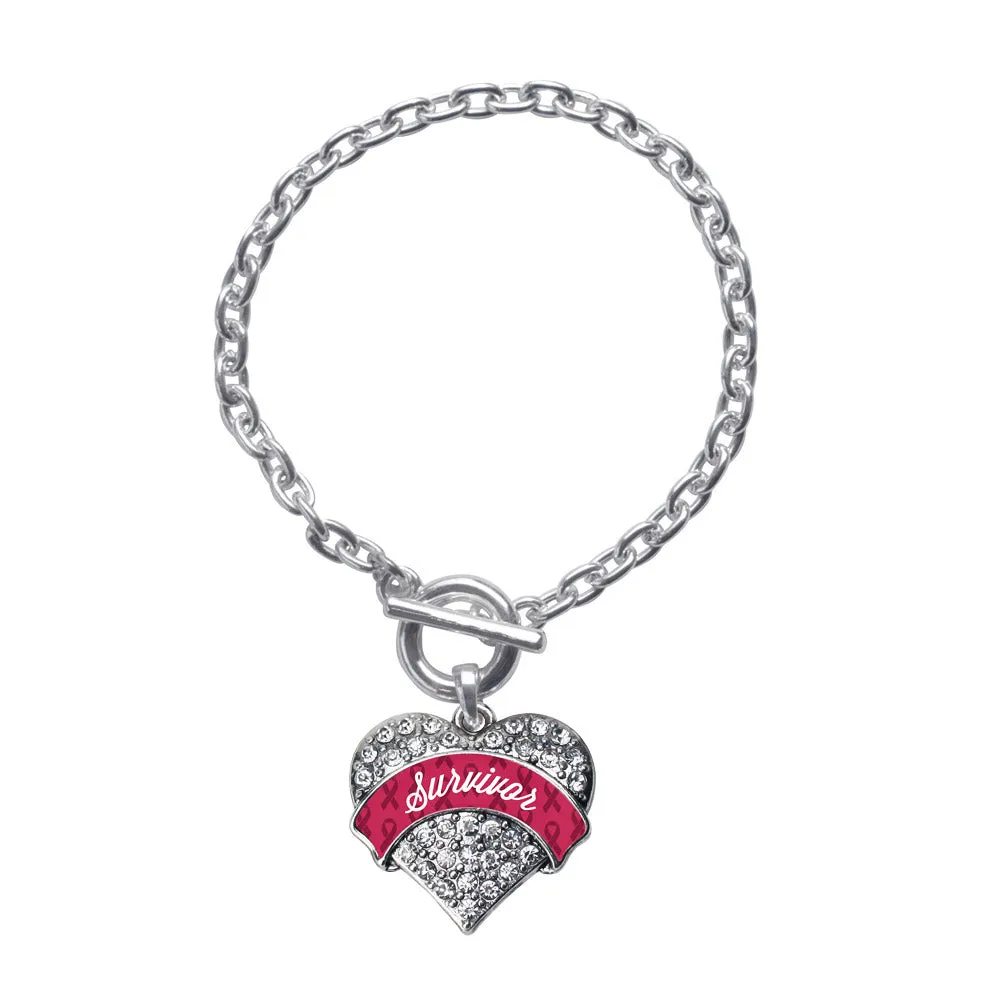 Silver Burgundy Survivor Pave Heart Charm Toggle Bracelet