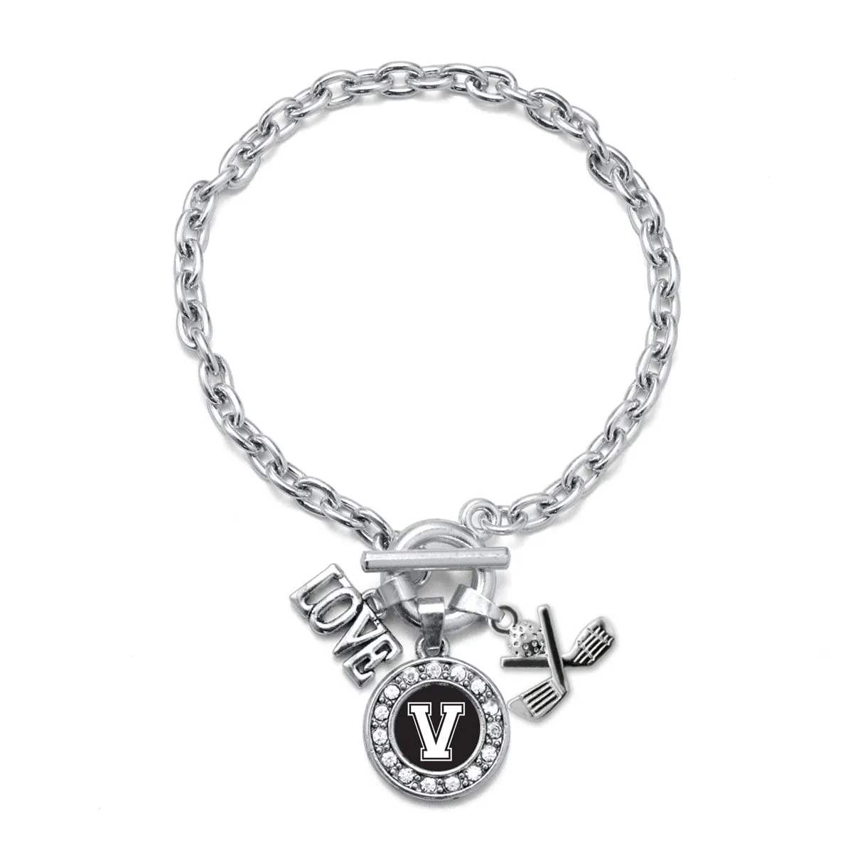 Silver Cheerleader - Sports Initial V Circle Charm Toggle Bracelet
