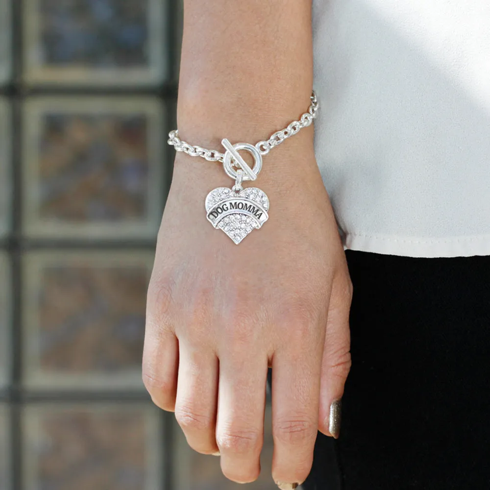 Silver Dog Momma Pave Heart Charm Toggle Bracelet