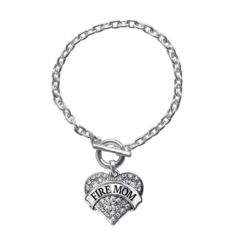 Silver Fire Mom Pave Heart Charm Toggle Bracelet