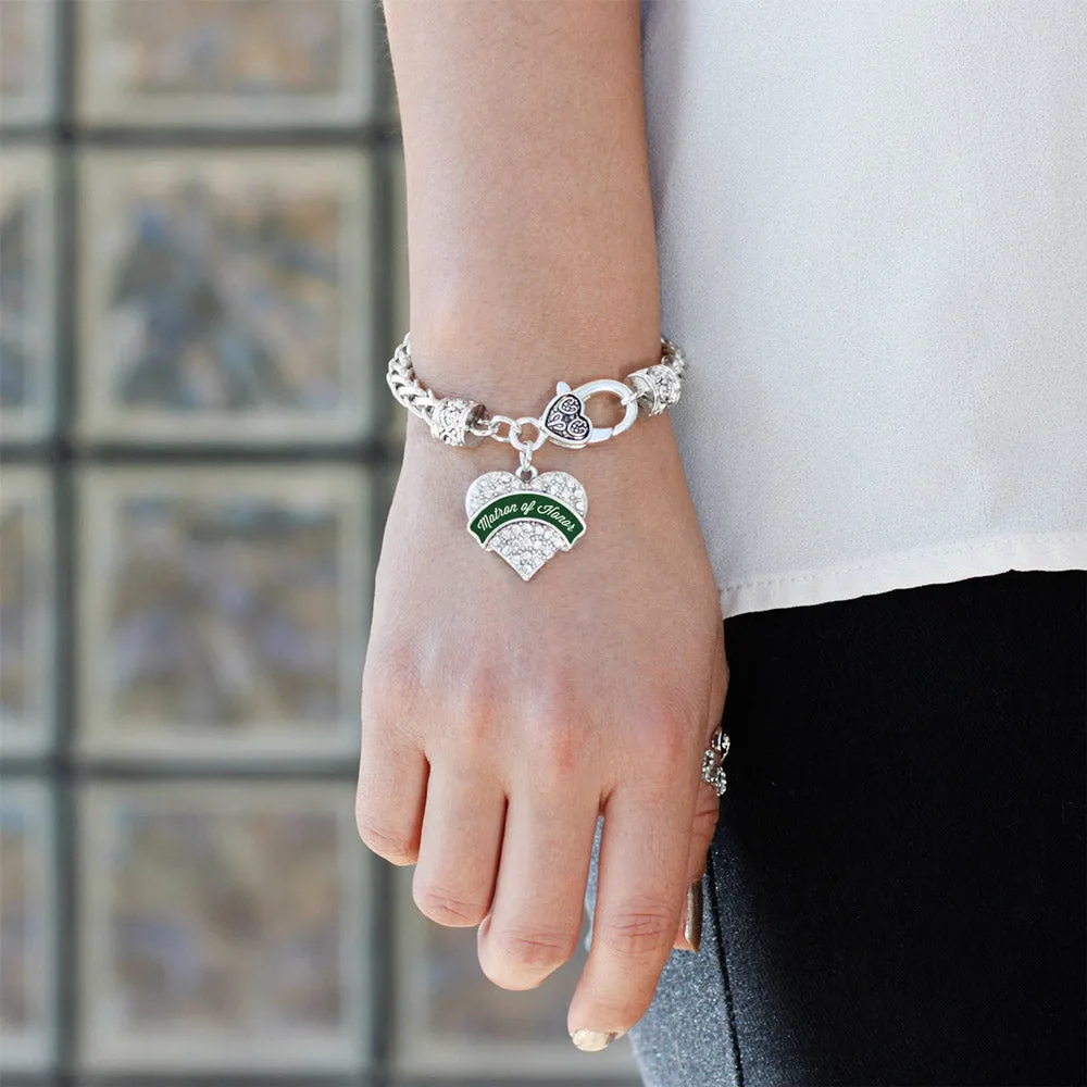 Silver Forest Green Matron of Honor Pave Heart Charm Braided Bracelet