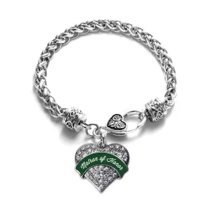 Silver Forest Green Matron of Honor Pave Heart Charm Braided Bracelet