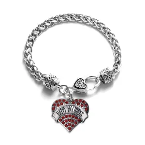 Silver Happy Holidays Red Red Pave Heart Charm Braided Bracelet