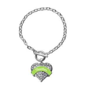 Silver Lime Green Teacher Pave Heart Charm Toggle Bracelet