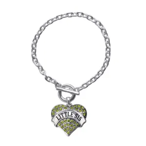 Silver Little Sis Green Green Pave Heart Charm Toggle Bracelet