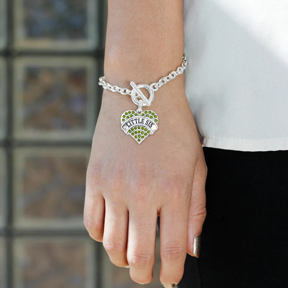 Silver Little Sis Green Green Pave Heart Charm Toggle Bracelet