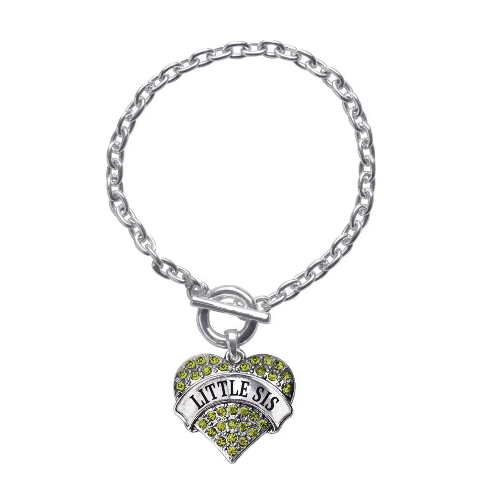 Silver Little Sis Green Green Pave Heart Charm Toggle Bracelet