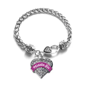 Silver Magenta Middle Sister Pave Heart Charm Braided Bracelet