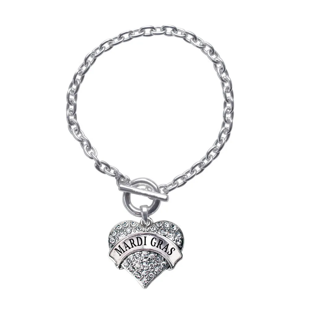 Silver Mardi Gras Pave Heart Charm Toggle Bracelet