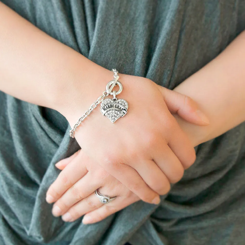 Silver Mardi Gras Pave Heart Charm Toggle Bracelet