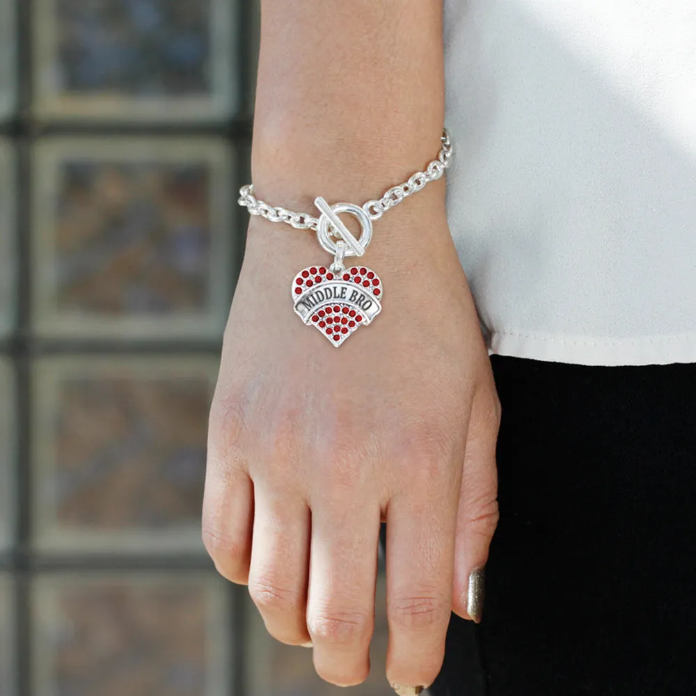 Silver Middle Bro Red Red Pave Heart Charm Toggle Bracelet