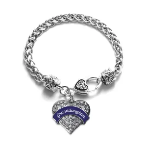 Silver Navy Blue Granddaughter Pave Heart Charm Braided Bracelet