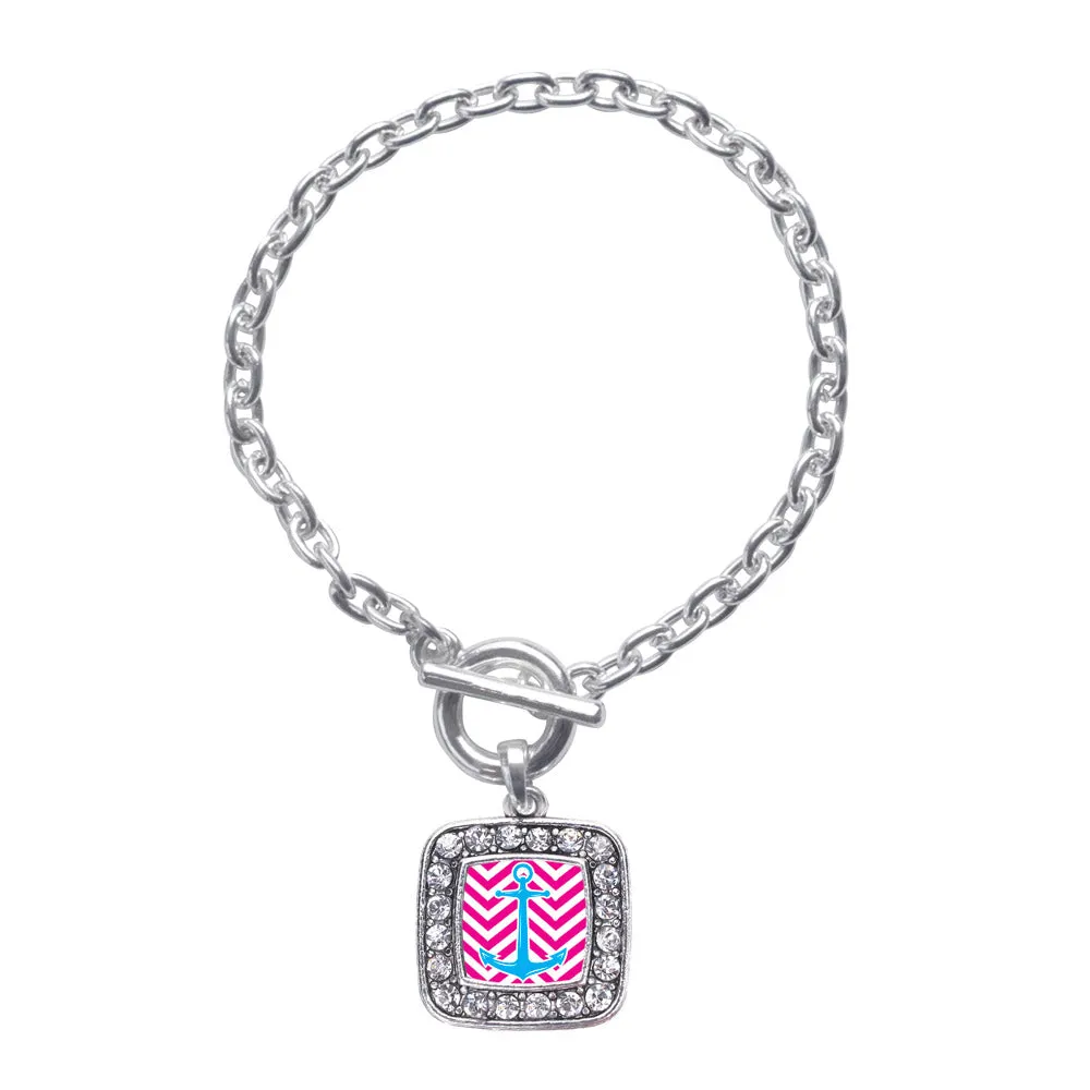 Silver Pink Chevron Blue Anchor Square Charm Toggle Bracelet