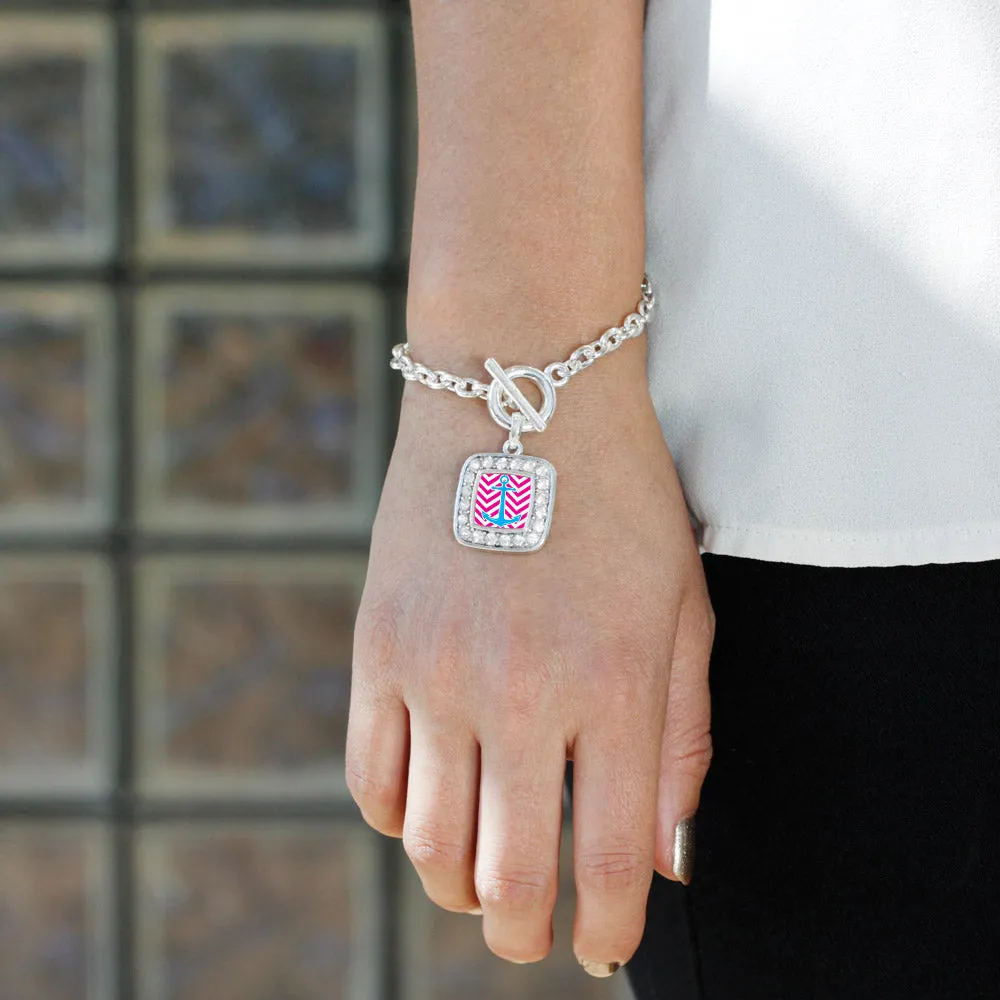 Silver Pink Chevron Blue Anchor Square Charm Toggle Bracelet