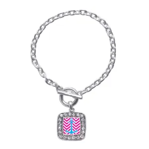 Silver Pink Chevron Blue Anchor Square Charm Toggle Bracelet