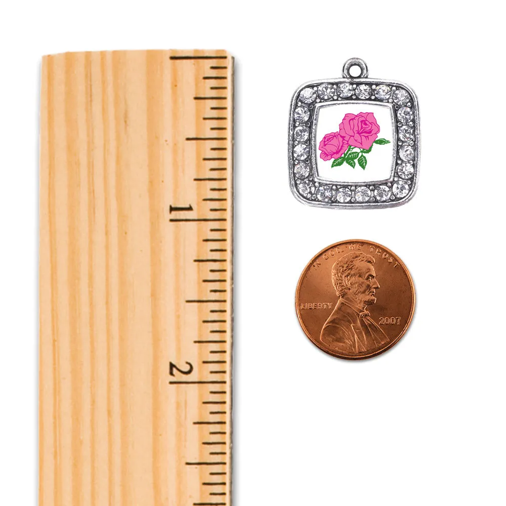 Silver Pink Rose Square Charm Toggle Bracelet