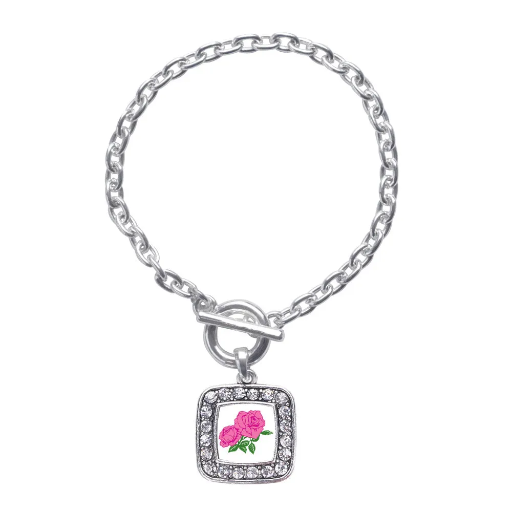Silver Pink Rose Square Charm Toggle Bracelet