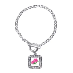 Silver Pink Rose Square Charm Toggle Bracelet