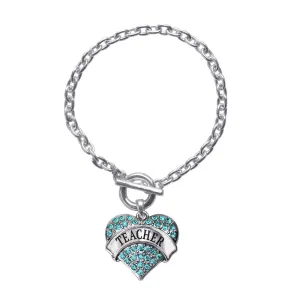 Silver Teacher Aqua Aqua Pave Heart Charm Toggle Bracelet