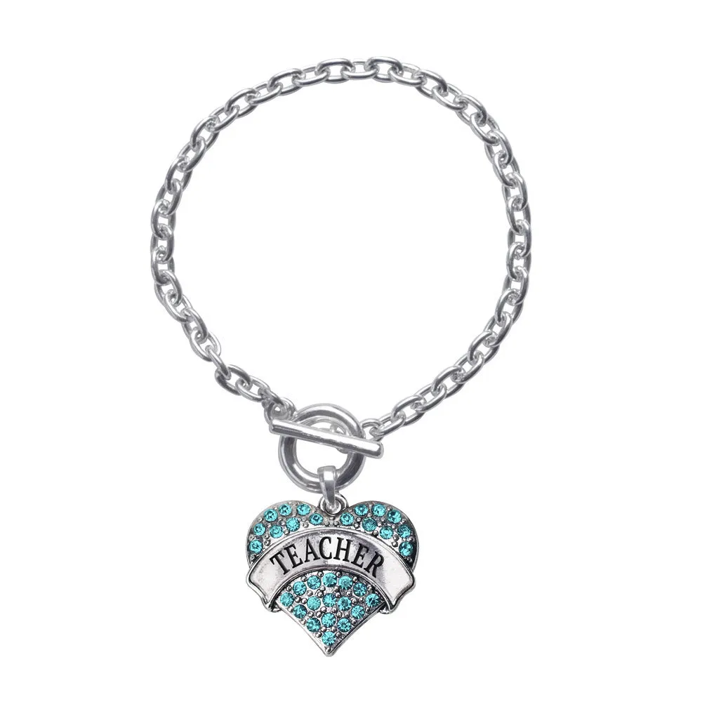 Silver Teacher Aqua Aqua Pave Heart Charm Toggle Bracelet