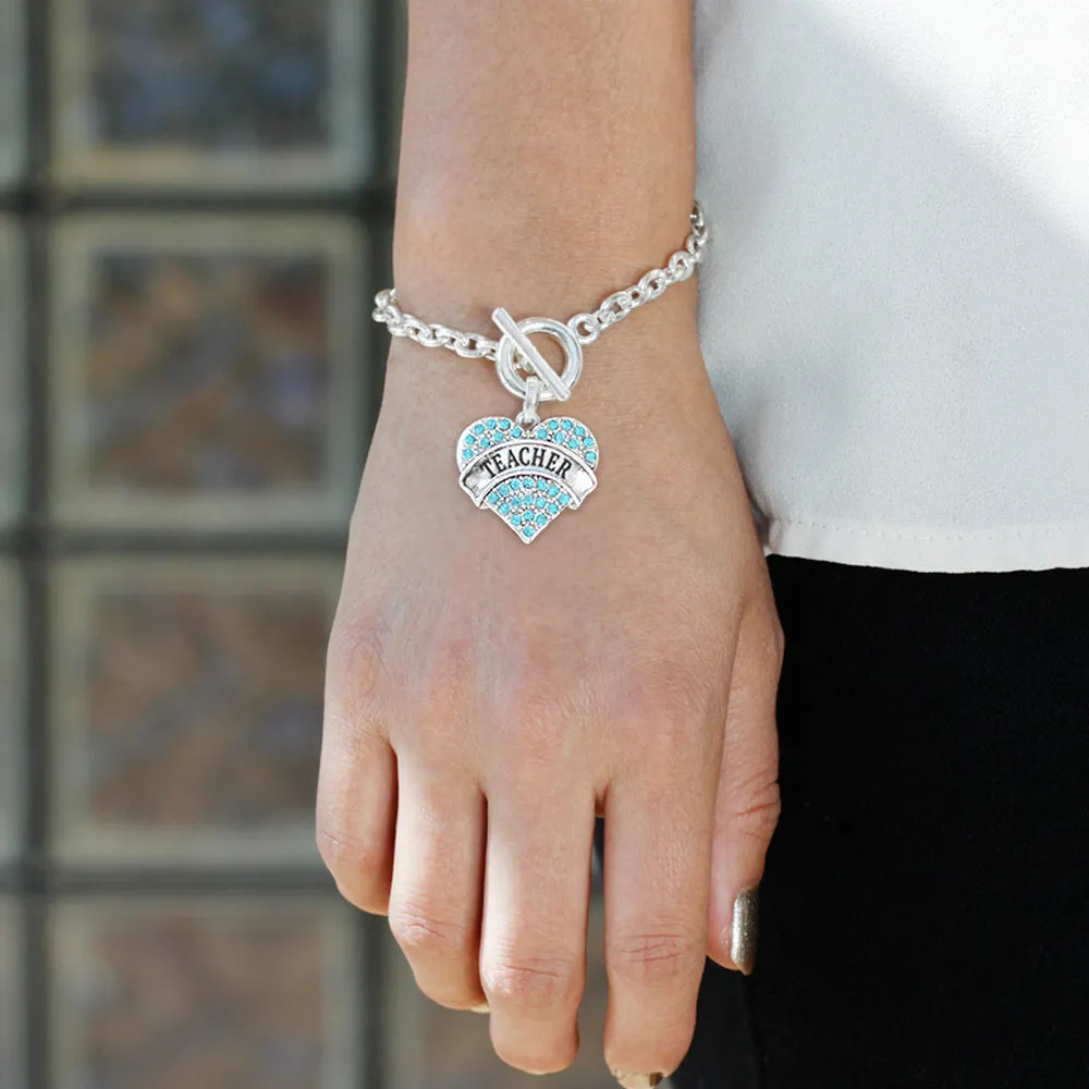 Silver Teacher Aqua Aqua Pave Heart Charm Toggle Bracelet