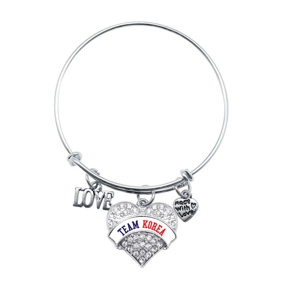 Silver TEAM KOREA Pave Heart Charm Wire Bangle Bracelet