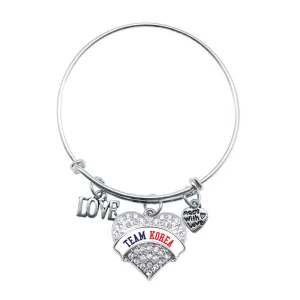Silver TEAM KOREA Pave Heart Charm Wire Bangle Bracelet