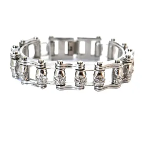SK2030 3/4" Wide All Stainless With Skull Centers Stainless Steel Motorcycle Bike Chain Bracelet