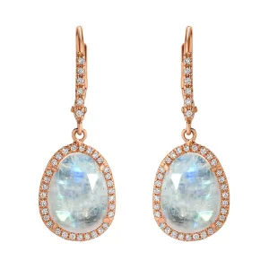 Small Organic Shape Rainbow Moonstone and Diamond Drop Earrings