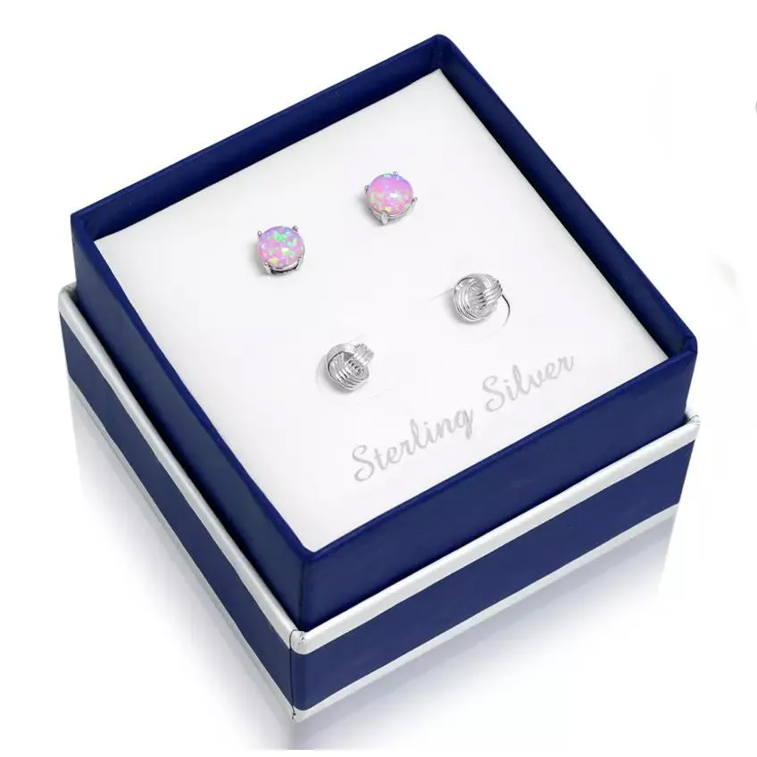 Solid Sterling Silver Love Knot And Pink Opal Earring Set