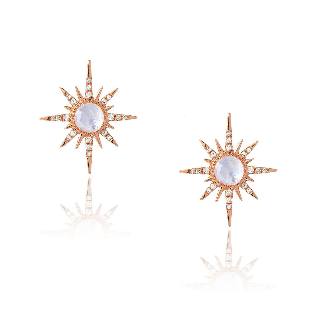 Starburst Rainbow Moonstone and Diamond Post Earrings