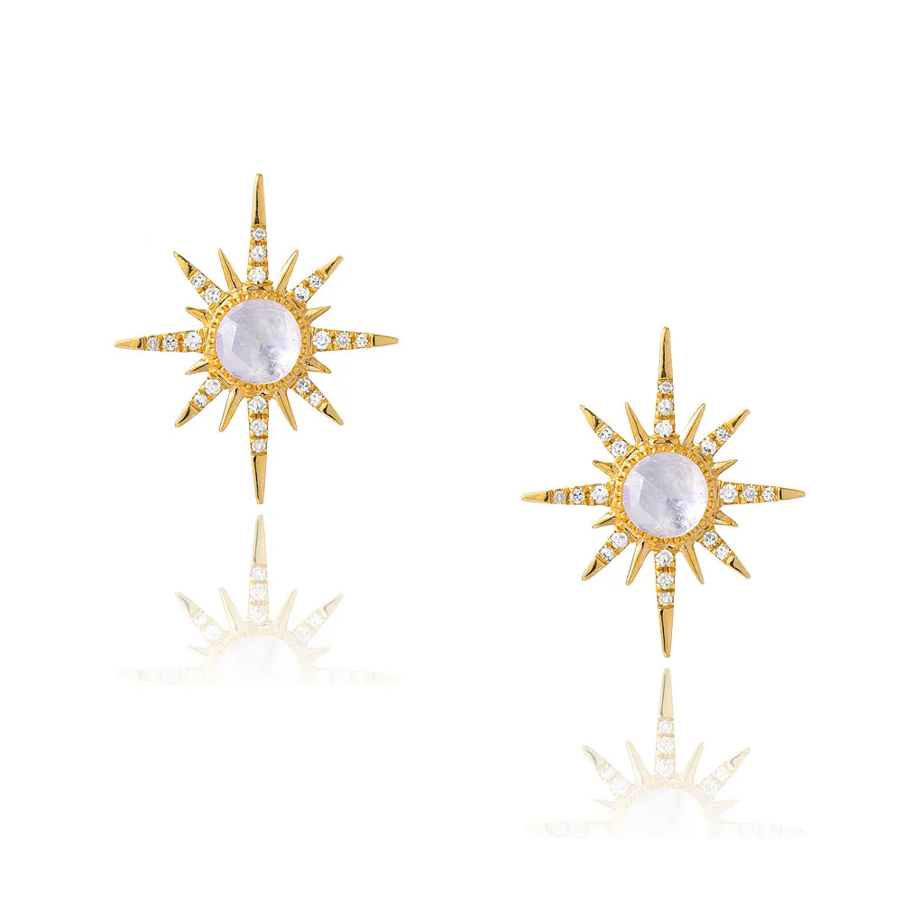 Starburst Rainbow Moonstone and Diamond Post Earrings