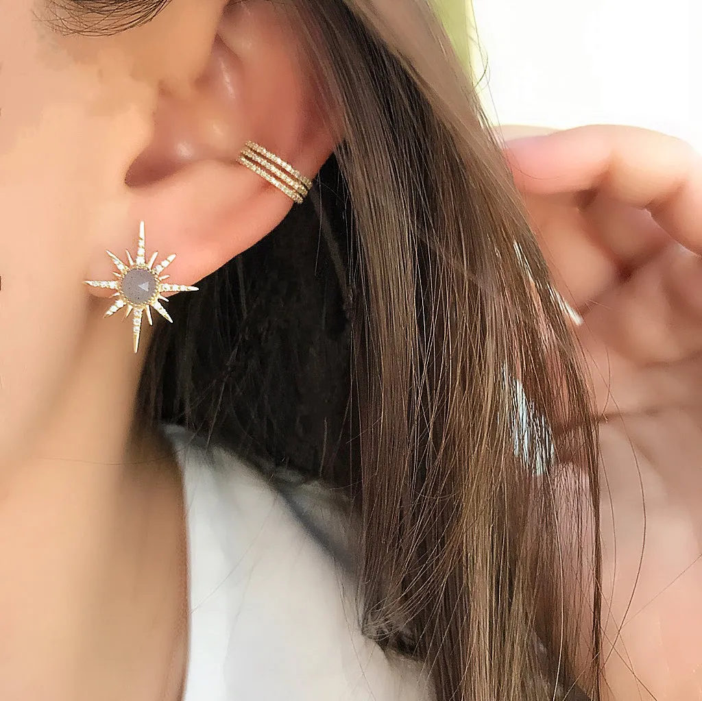 Starburst Rainbow Moonstone and Diamond Post Earrings
